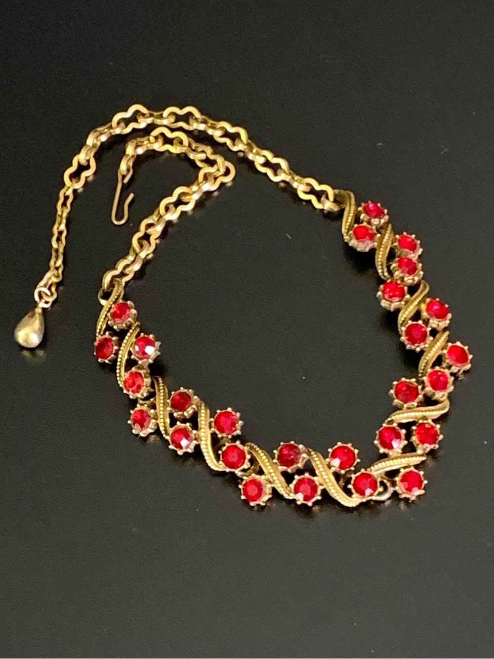 Vintage FLORENZA Ruby AB Rhinestones Gold Plated Choker Necklace